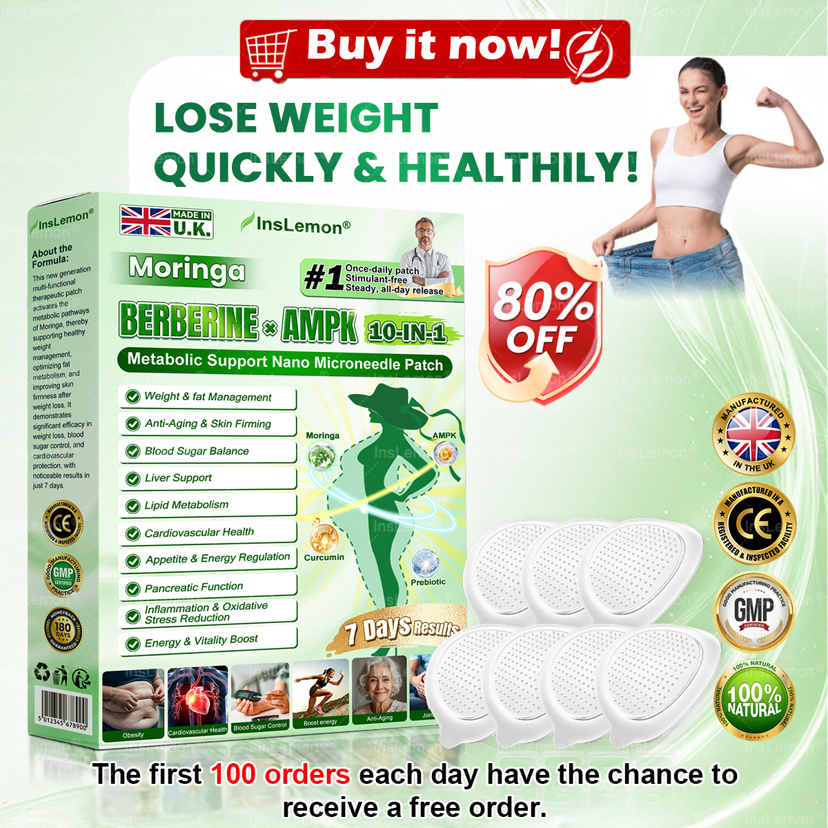 InsLemon® Moringa × Berberine × AMPK 10-in-1 Metabolic Support Nano Microneedle Patch (Once Daily) ✅ Supports metabolism, appetite control, steady energy & daily weight-management goals.